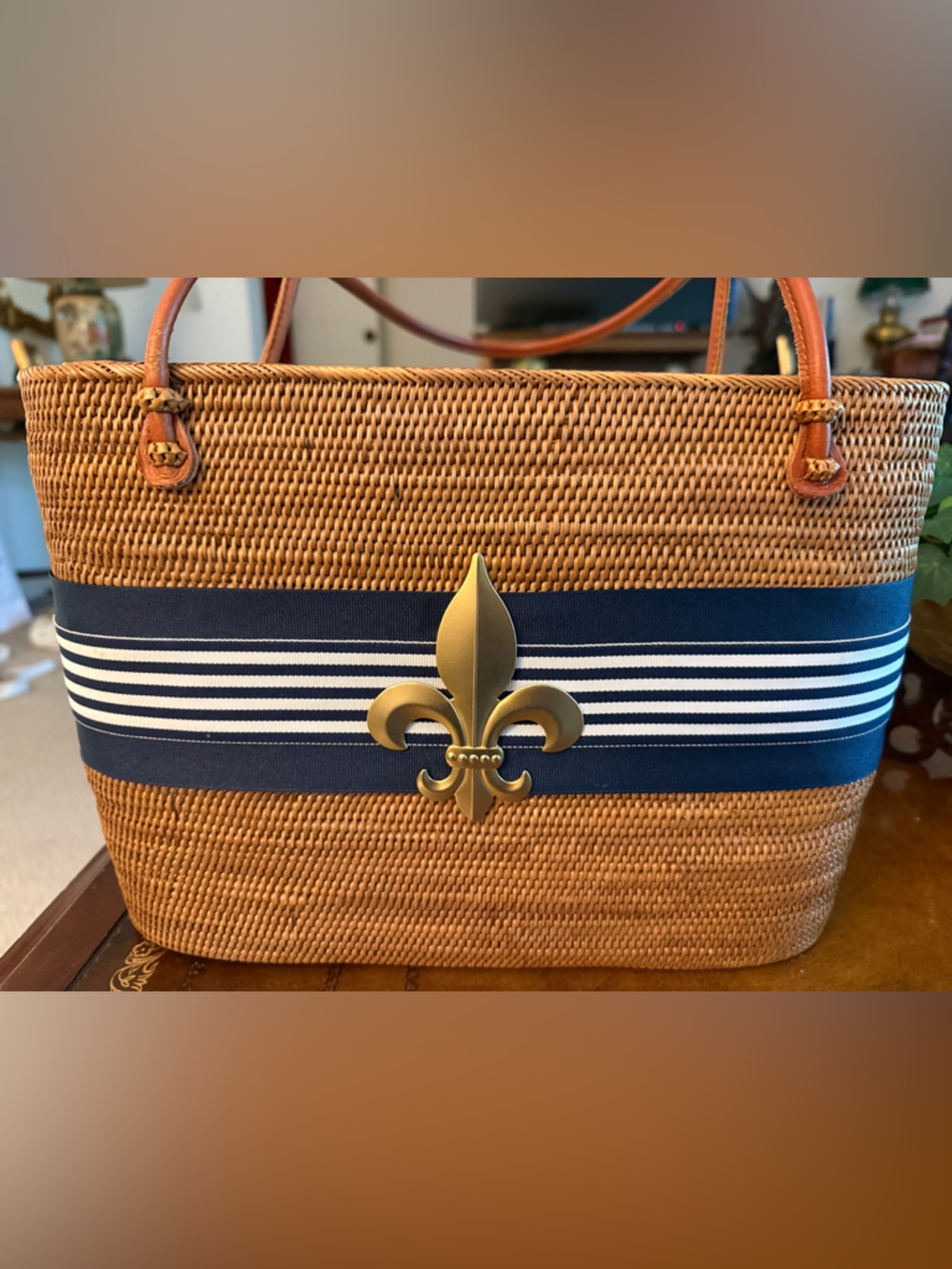 Bosom Buddy Woven Straw bag with Navy Stripe and Gold Fleur De Lis Accent